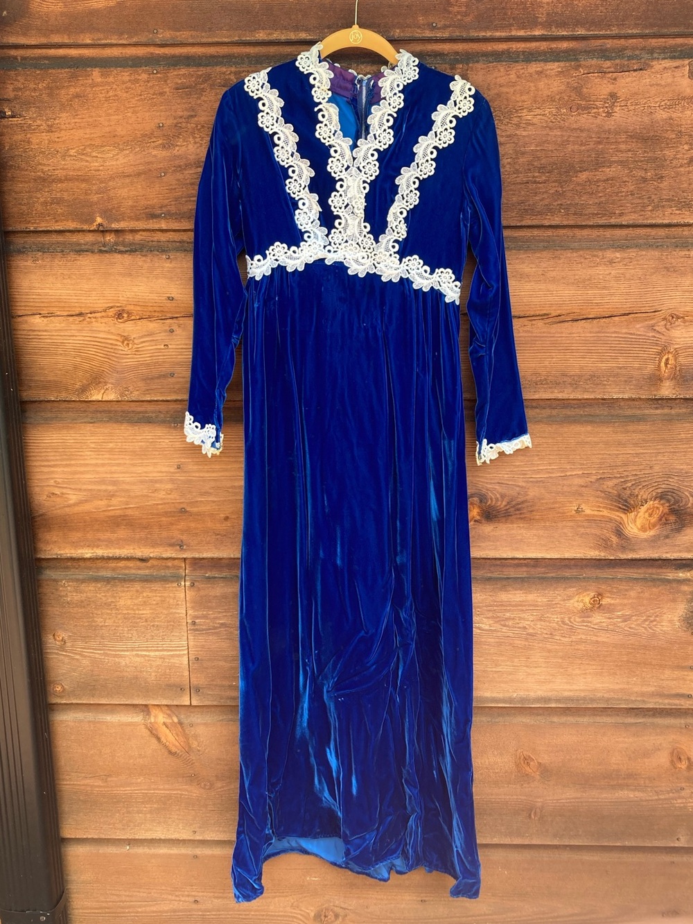 Vintage Velvet Long Sleeve Maxi Dress with White Lace Trim